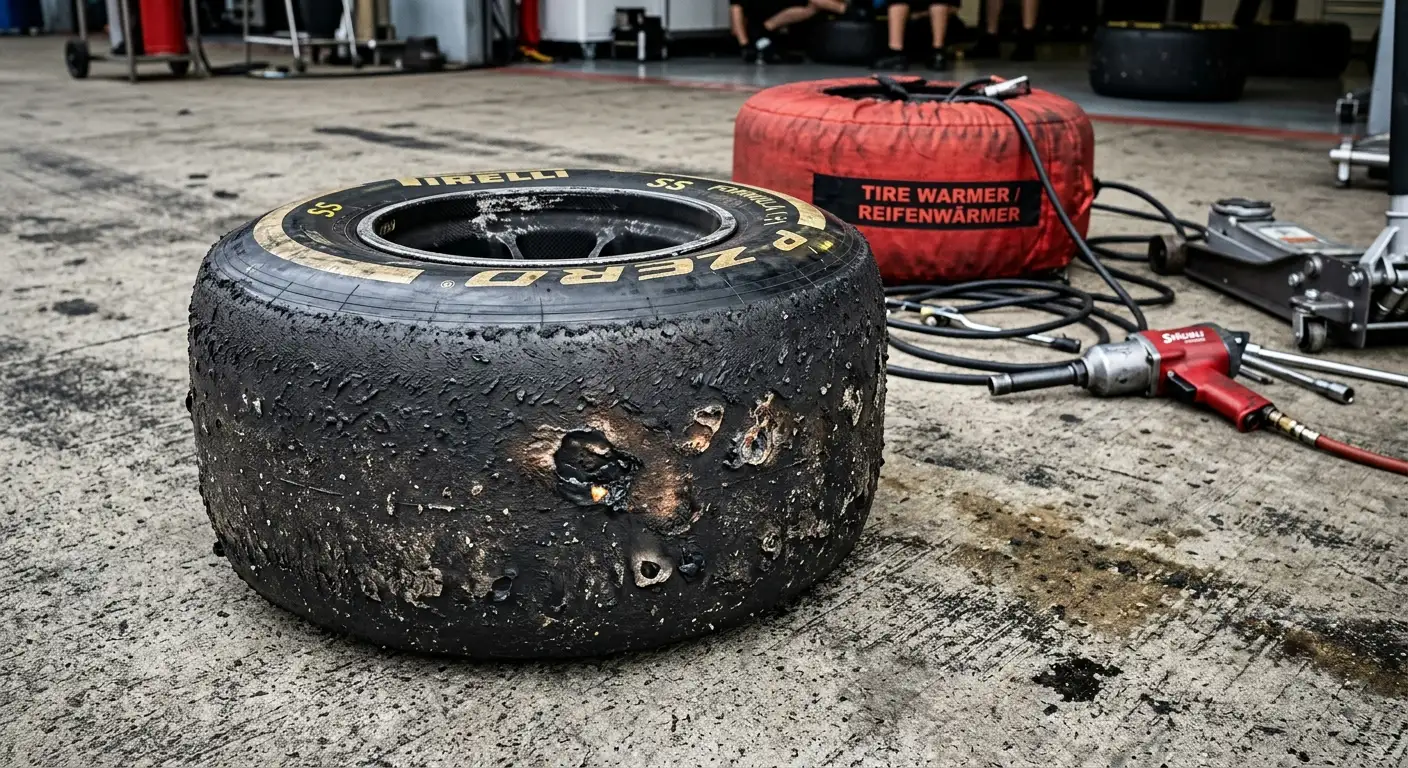 Stark abgefahrener F1-Reifen mit sichtbarer Lauffläche und Verschleißmustern nach einem Renn-Stint