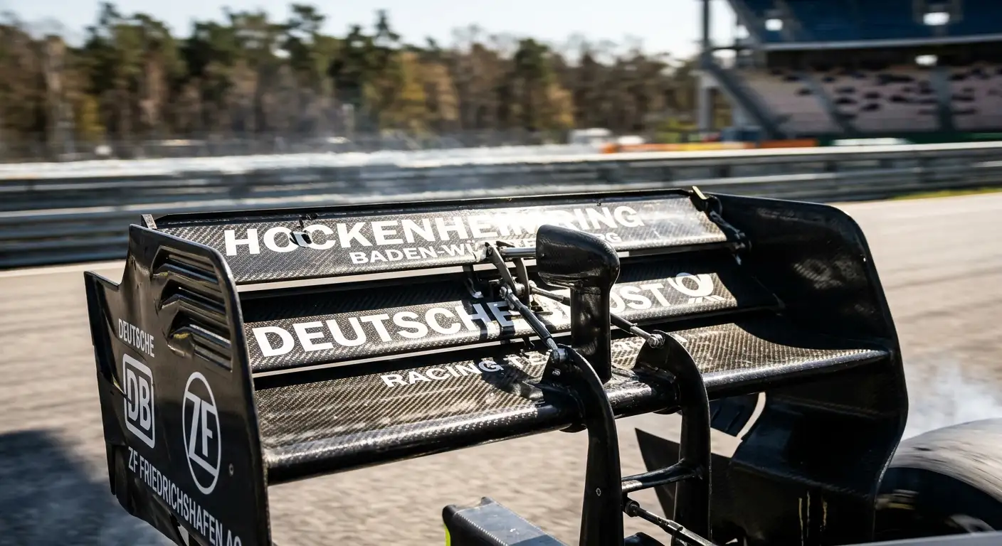 Detailaufnahme des aktiven Heckflügels eines Formel-1-Autos im flachen Modus