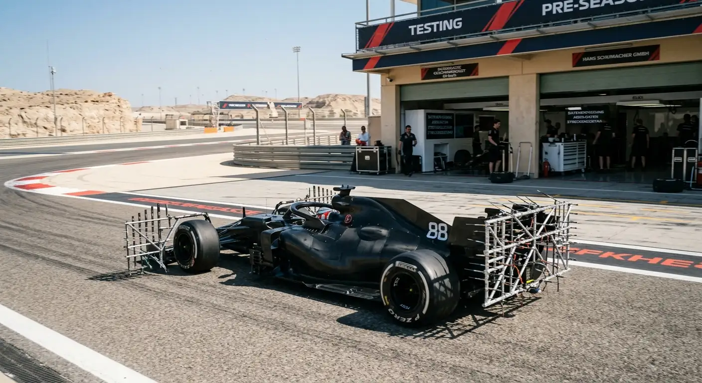 F1-Bolide während eines Wintertests in der Wüste mit Sensoren an der Karosserie