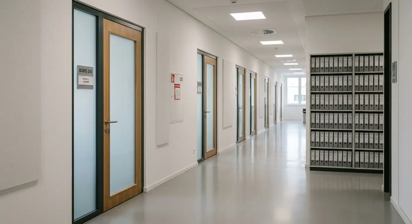 Heller Behörden-Bürogang mit Aktenarchiv-Regalen und Türen zu Sachbearbeitungs-Räumen