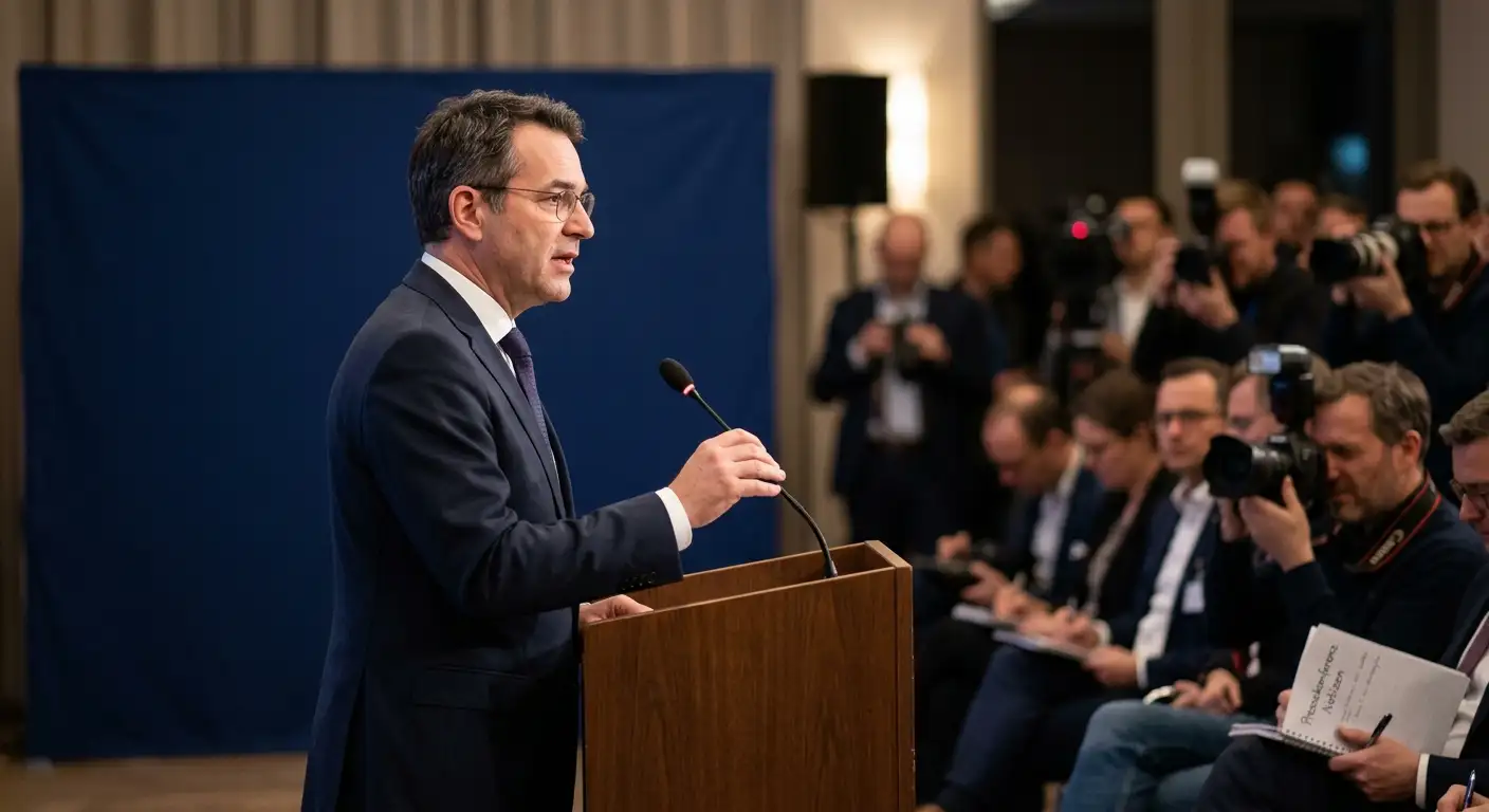 Sprecher an einem Rednerpult vor einem neutralen Banner während einer behördlichen Pressekonferenz