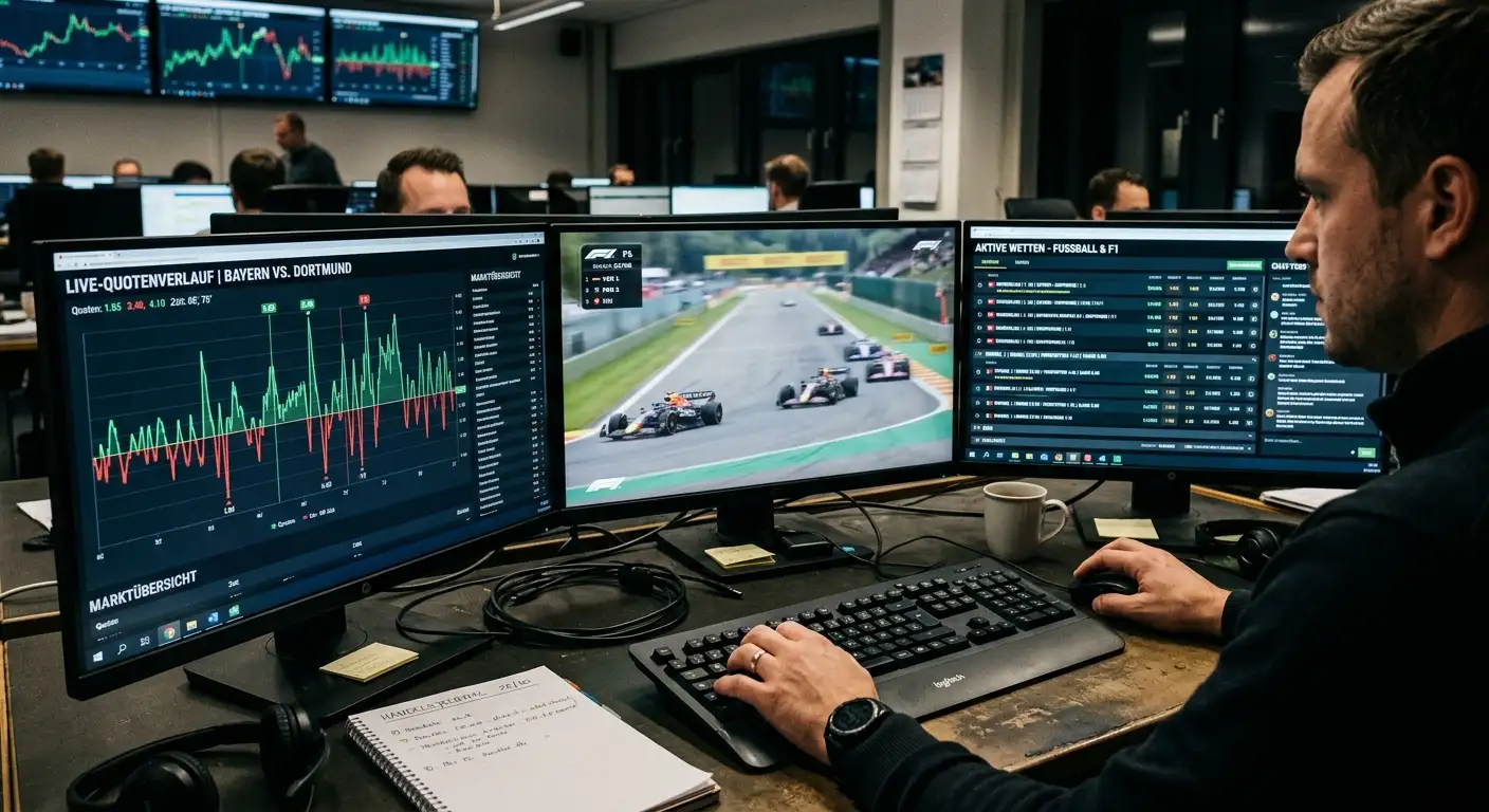 Bookmaker-Trader an einem Mehr-Monitor-Setup verfolgt Live-Quoten während eines Formel-1-Rennens
