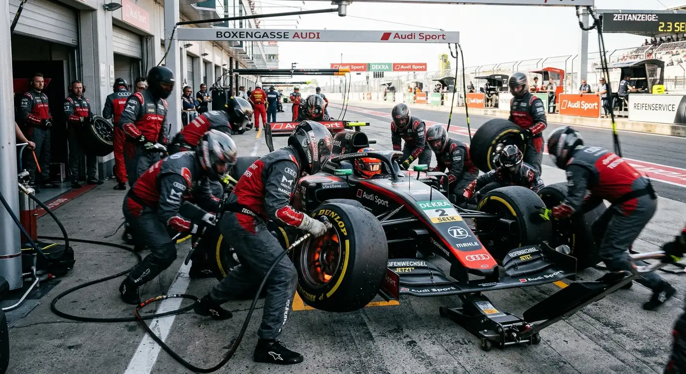 Eingespielte Boxencrew beim sekundenschnellen Reifenwechsel eines Formel-1-Autos