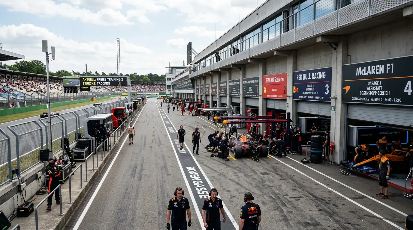 Blick in eine Formel-1-Boxengasse mit Garagen und Boxenmauer entlang der Strecke