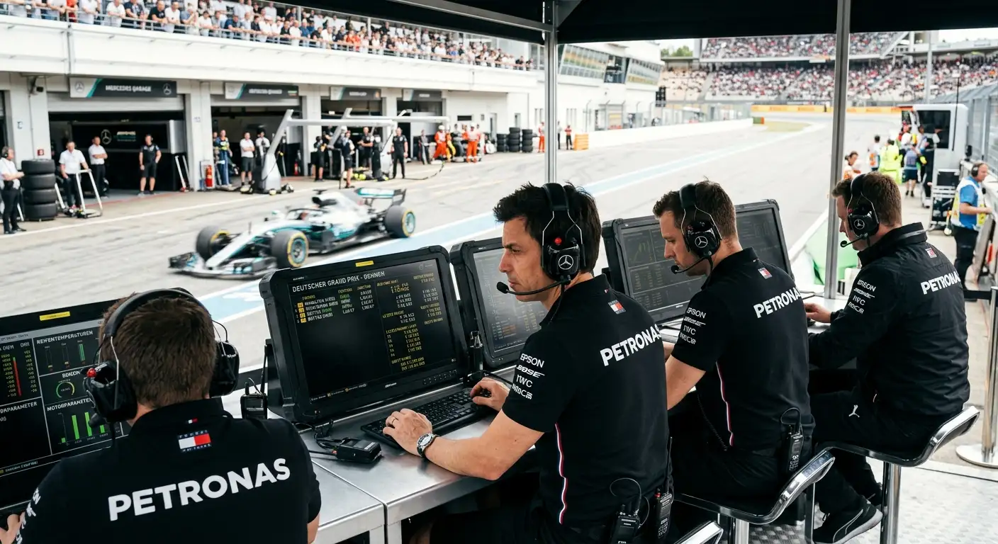 Renningenieure an der Boxenmauer mit Headsets und Bildschirmen während eines Formel-1-Rennens