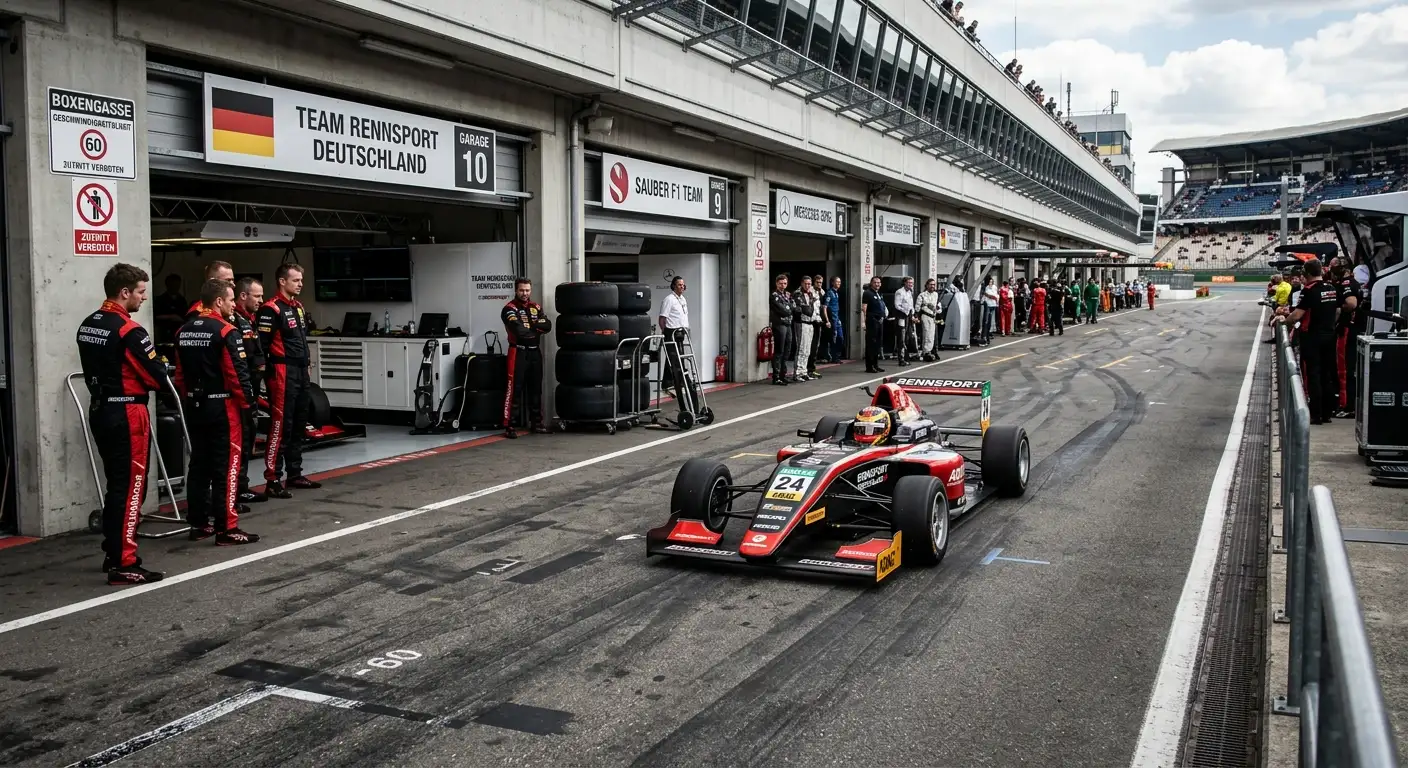 Formel-1-Auto in der Boxengasse, Zeitverlust durch reduziertes Tempo beim Boxenstopp