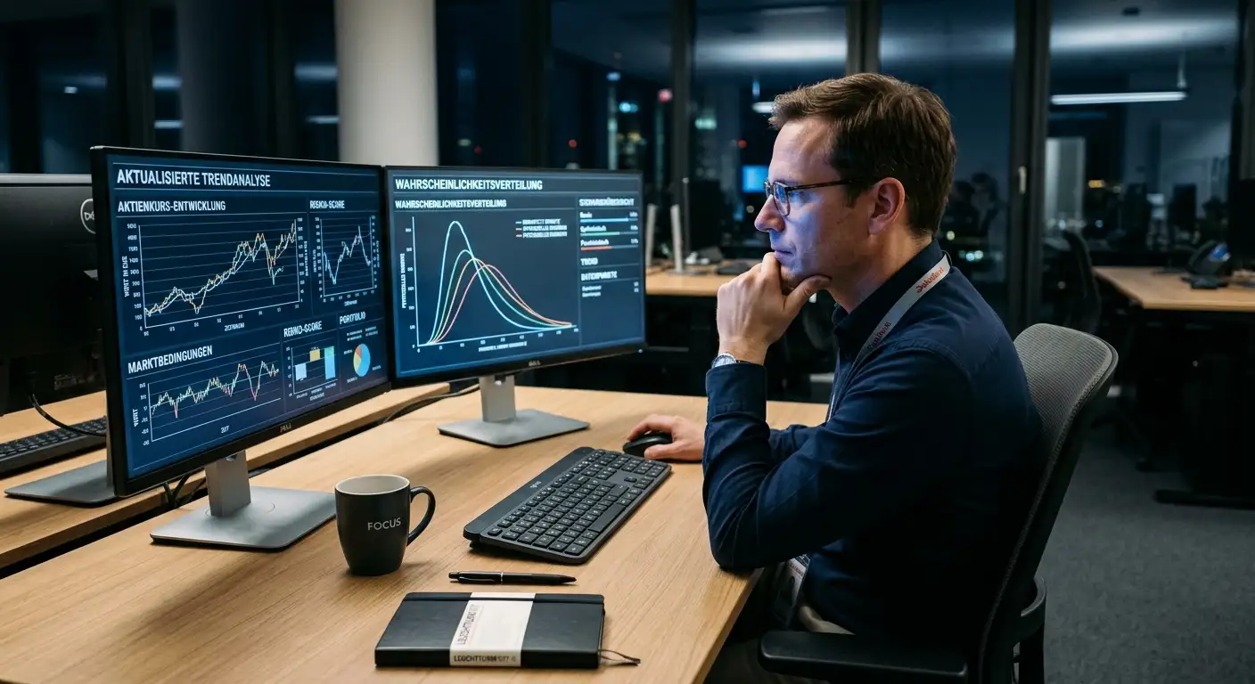 Analyst sitzt vor mehreren Monitoren mit Quoten- und Wahrscheinlichkeitskurven und liest Wettdaten