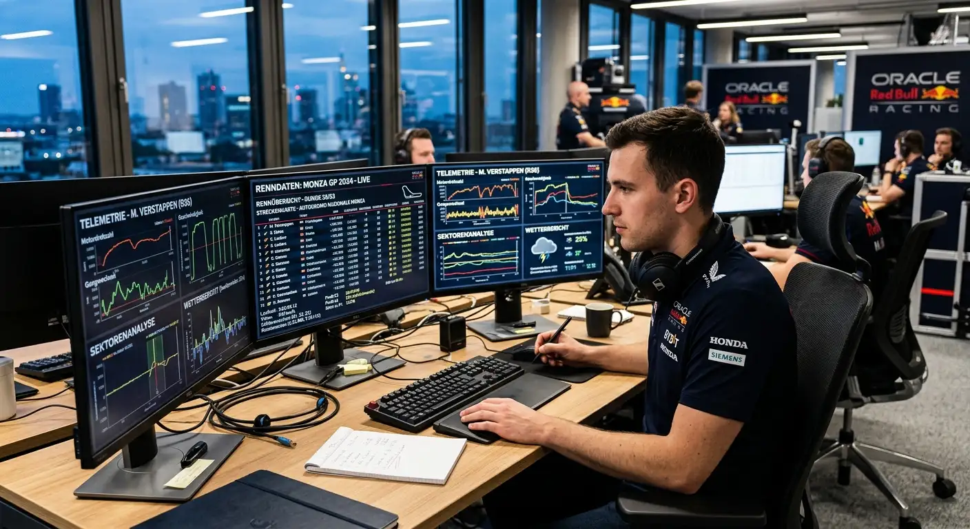 Analyst arbeitet an einer professionellen Multi-Monitor-Station mit Formel-1-Renndaten