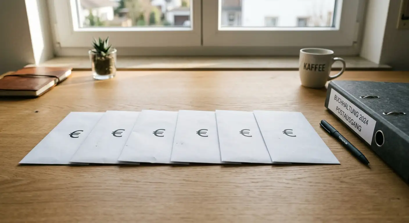 Stilisierte Briefumschläge mit Euro-Zeichen auf einem Schreibtisch symbolisieren das deutsche Sportwetten-Steueraufkommen
