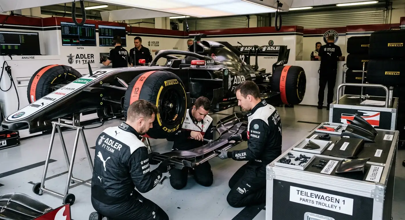 Mechaniker montiert ein neues Entwicklungs-Paket an einem Formel-1-Auto in der Box