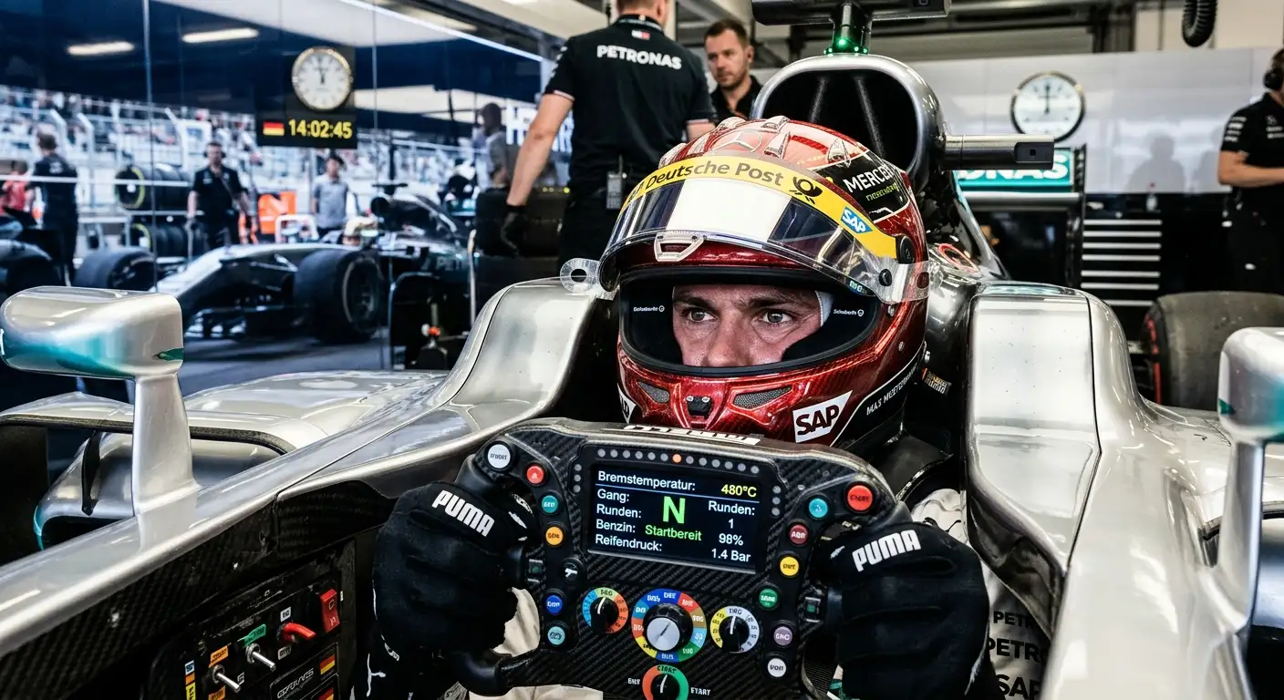 Formel-1-Fahrer konzentriert sich mit aufgesetztem Helm im Cockpit vor dem Start