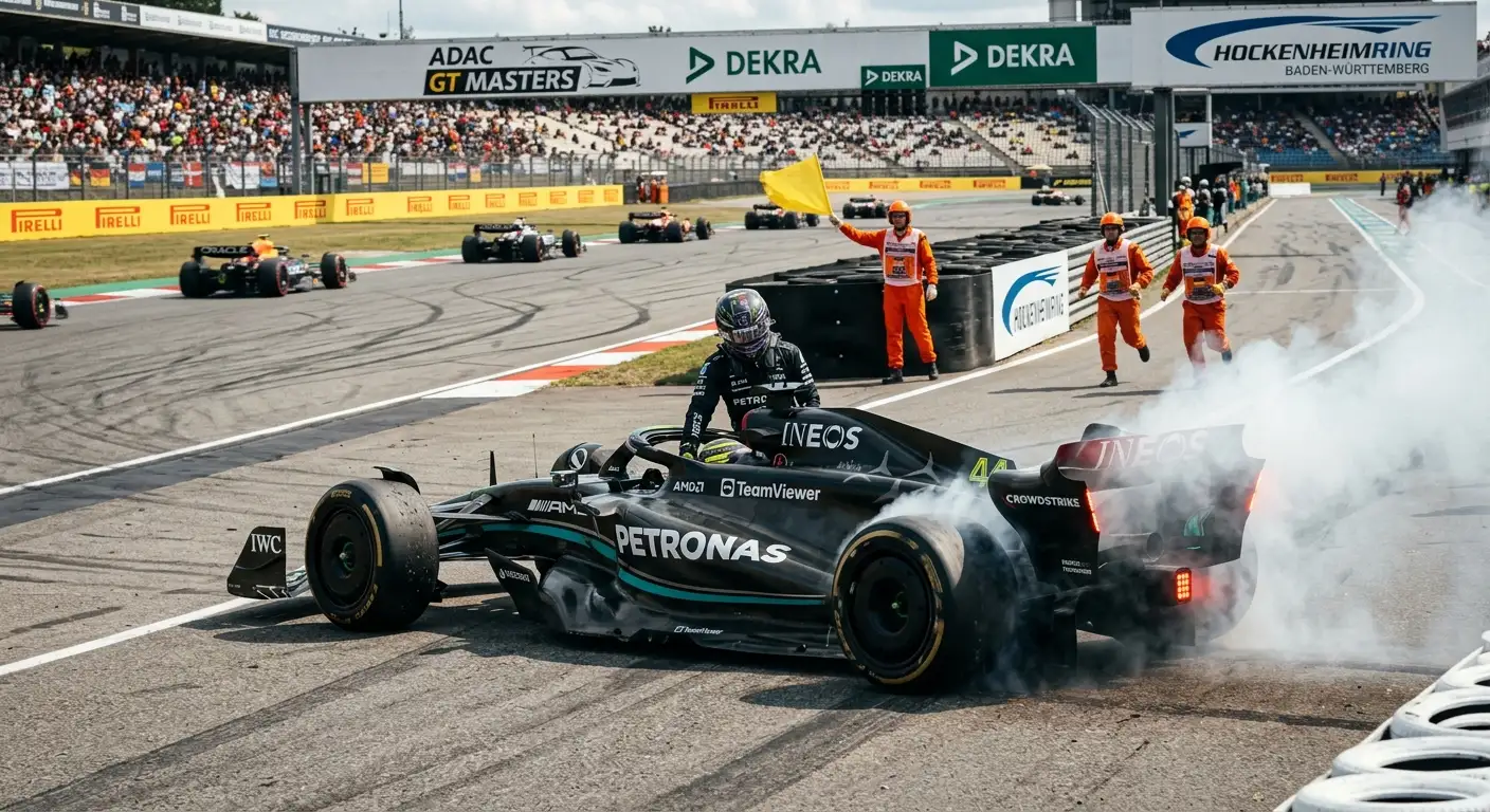Formel-1-Auto mit Motorschaden und Rauch am Streckenrand während eines Rennens