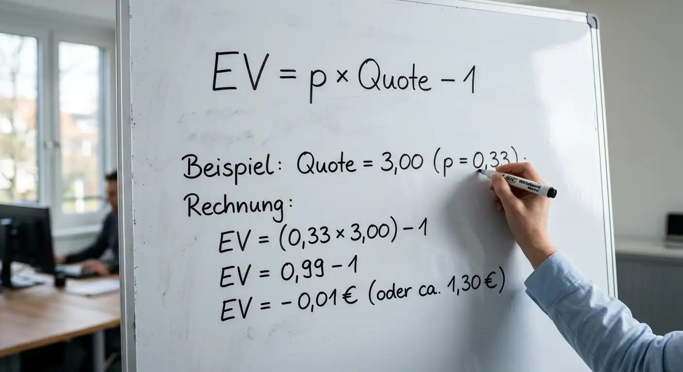 Whiteboard mit Expected-Value-Formel und schrittweisen Beispielwerten