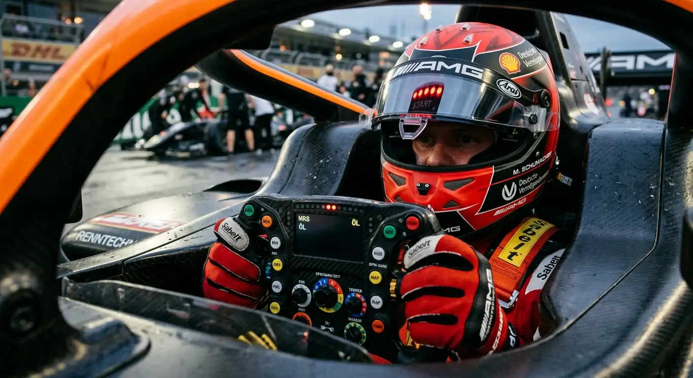Formel-1-Fahrer konzentriert im Cockpit kurz vor dem Rennstart