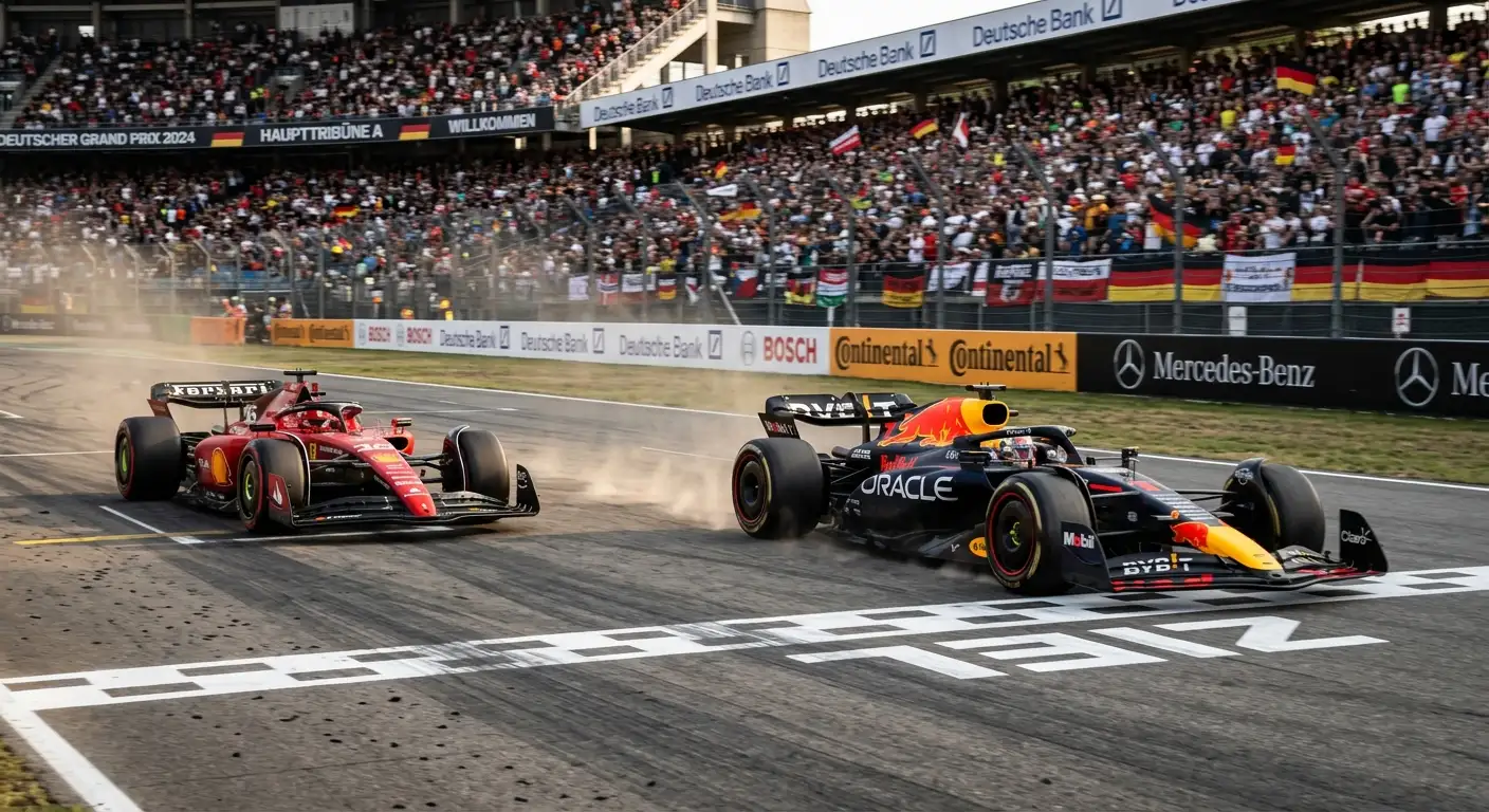Zwei Formel-1-Fahrzeuge mit deutlichem Positionsabstand am Zielstrich