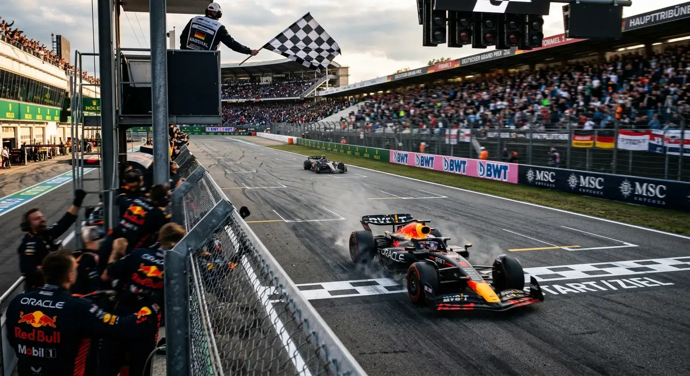 Formel-1-Fahrzeuge überqueren den Zielstrich mit sichtbarem Zeitabstand