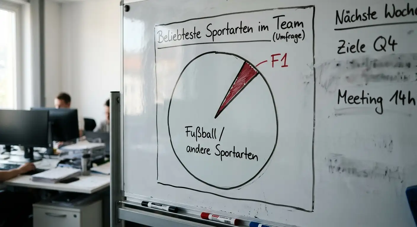 Handgezeichnete Tortendiagramm-Skizze auf einem Whiteboard zeigt den kleinen F1-Anteil am globalen Sportwetten-Markt