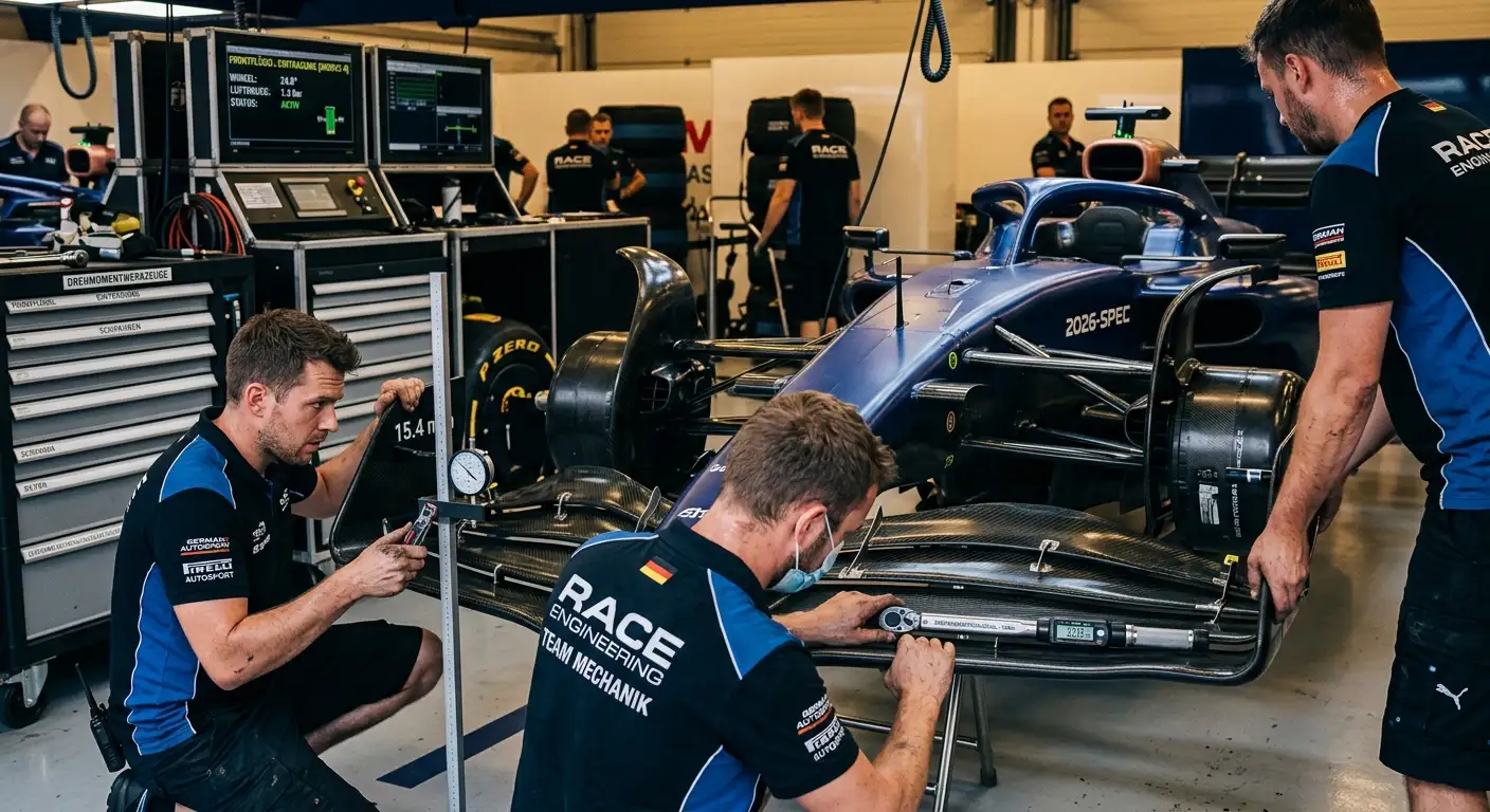 Mechaniker passen das Aero-Setup eines F1-Boliden in der Garage vor dem Qualifying an