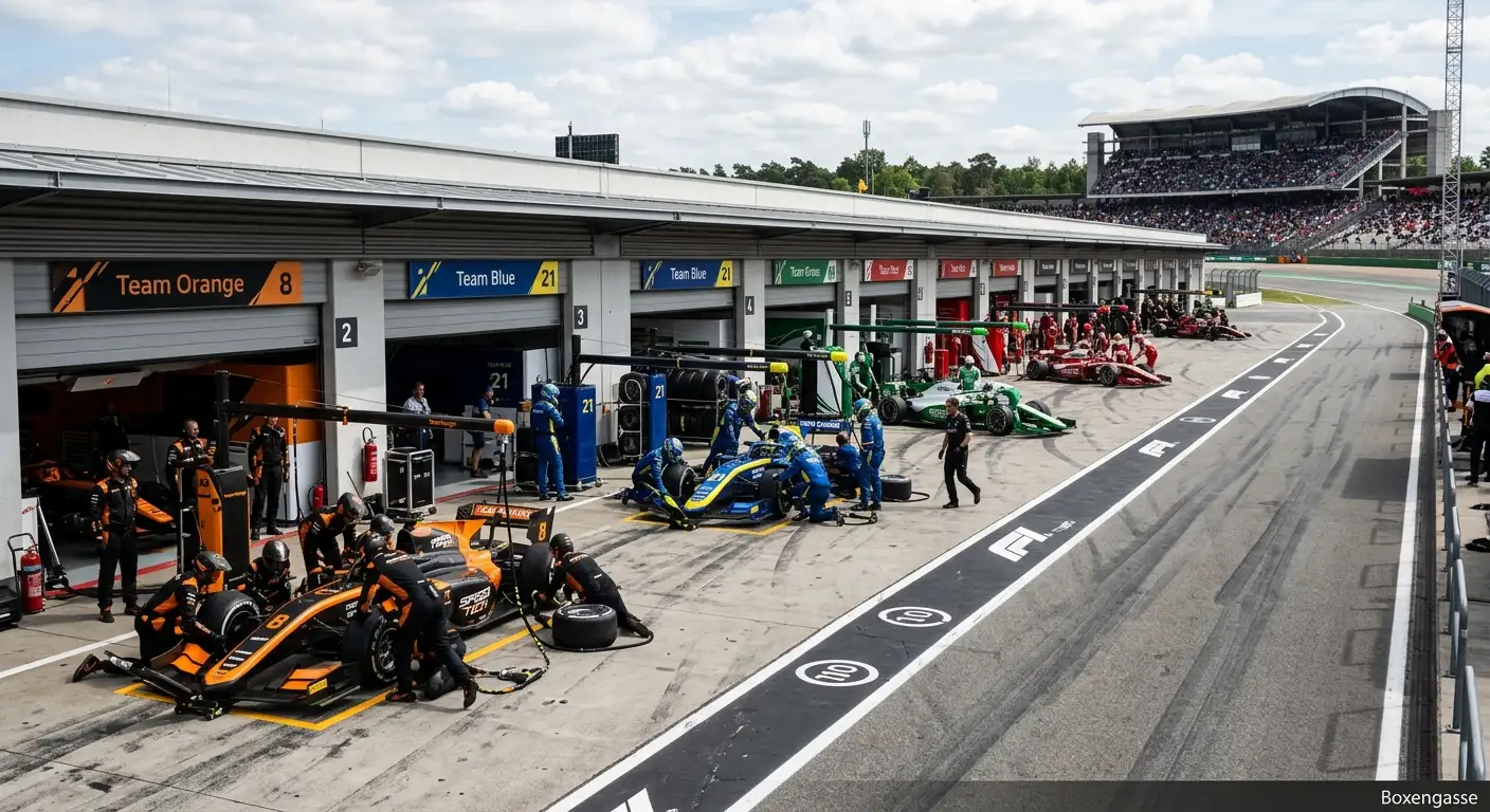 Verschiedene Formel-1-Teams in der Boxengasse vor einem Rennen 2026
