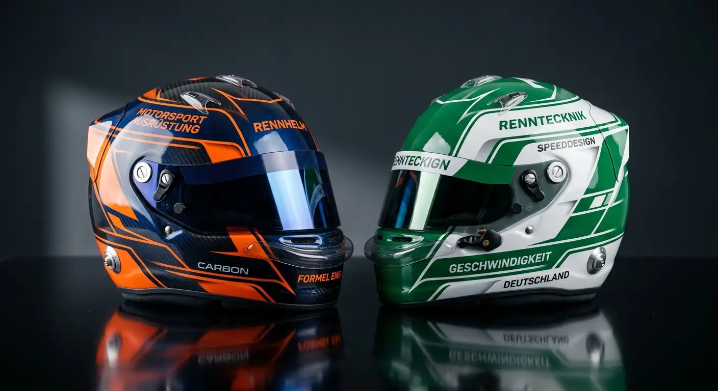 Zwei F1-Fahrer-Helme nebeneinander symbolisieren das direkte Duell um die schnellste Renn-Runde