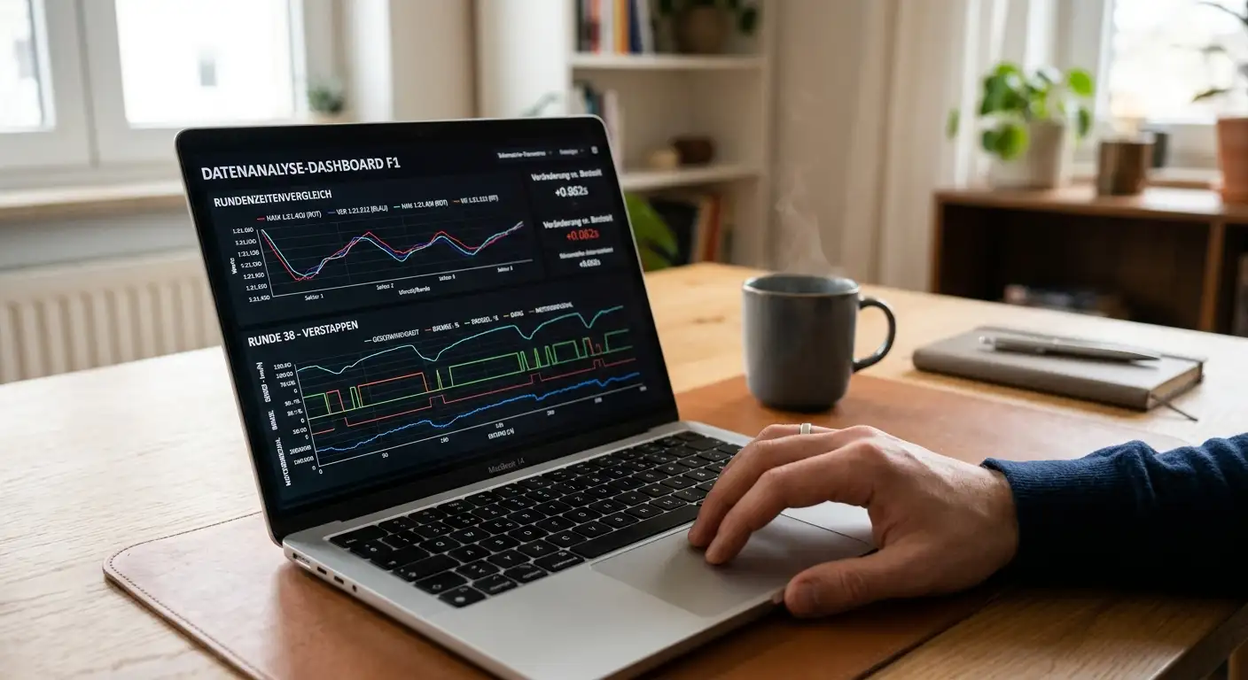 Laptop zeigt Telemetrie-Kurven und Rundenzeiten einer Formel-1-Datenanalyse