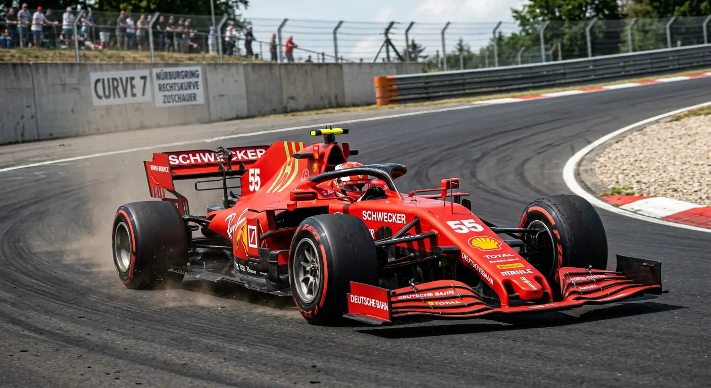 Roter Formel-1-Rennwagen auf der Strecke während eines Rennens