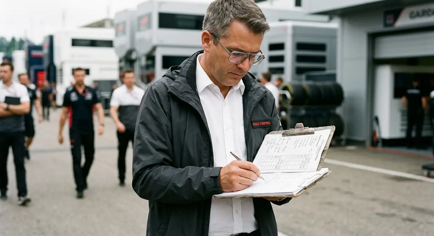FIA-Offizieller hält im Paddock ein Klemmbrett mit Reglement-Notizen zur Fastest-Lap-Wertung