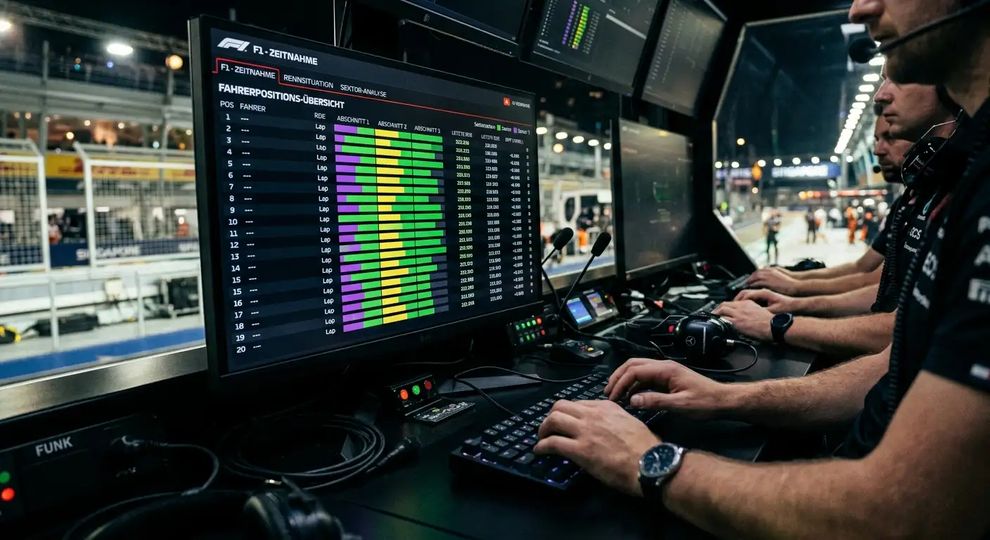 Pitwall-Monitor zeigt FIA-Timing-Daten mit Sektor-Zeiten aller Fahrer während eines F1-Rennens