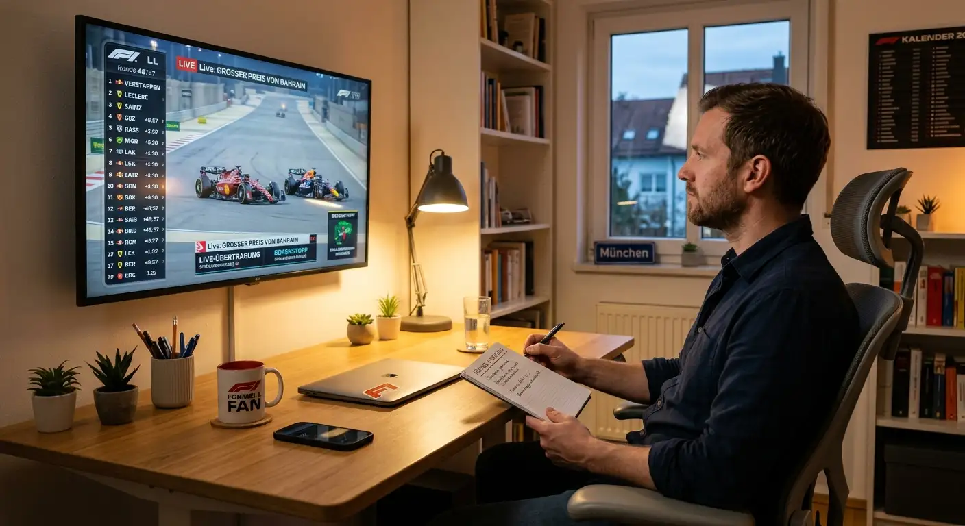 Konzentrierter Tipper verfolgt ein Formel-1-Rennen ruhig von seinem Arbeitsplatz