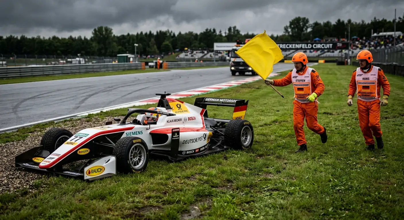 Streckenposten sichern ein liegengebliebenes Formel-1-Auto am Rand der Rennstrecke