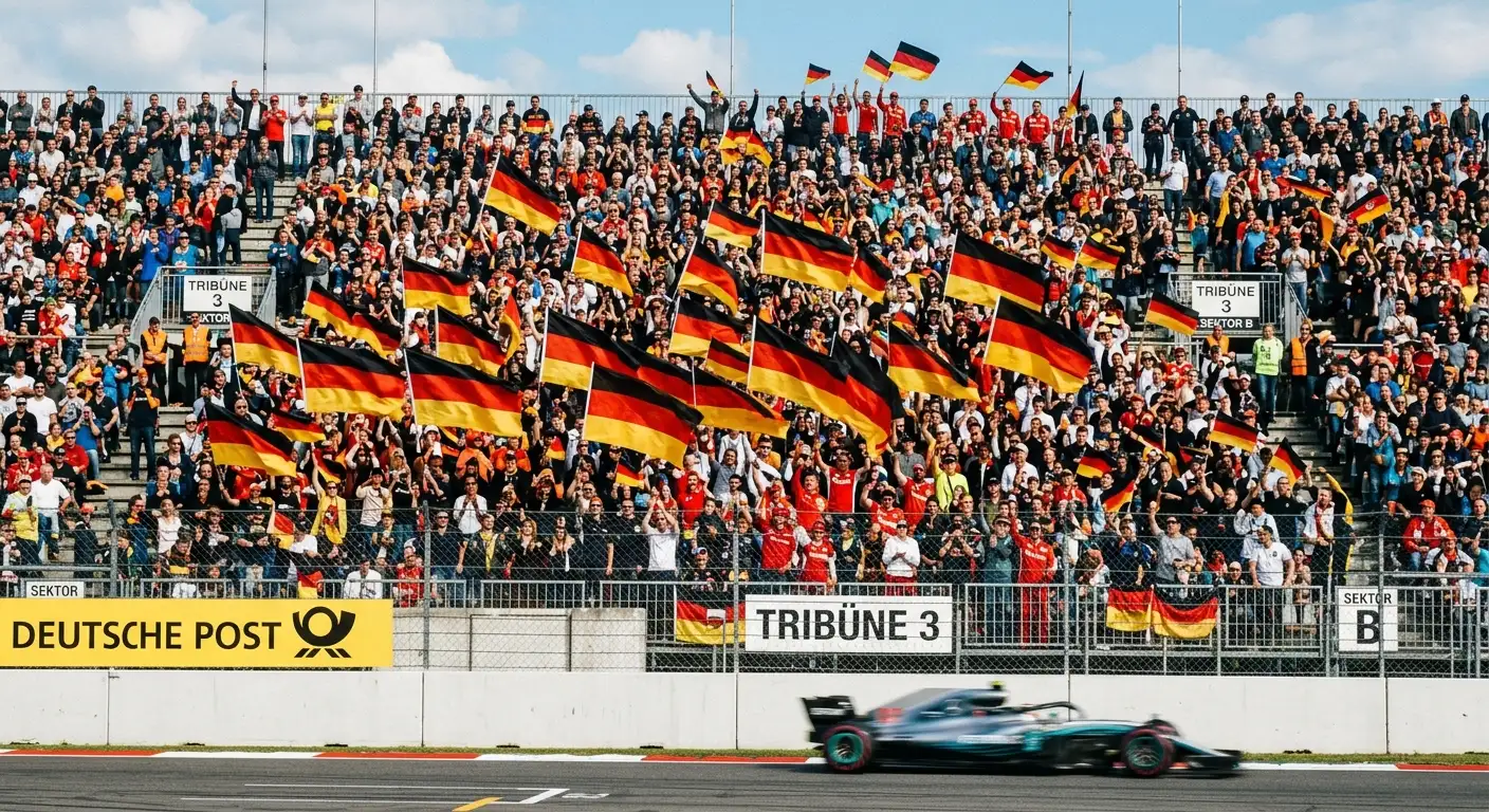 Volle Zuschauertribüne mit deutschen Fahnen bei einem Formel-1-Rennwochenende