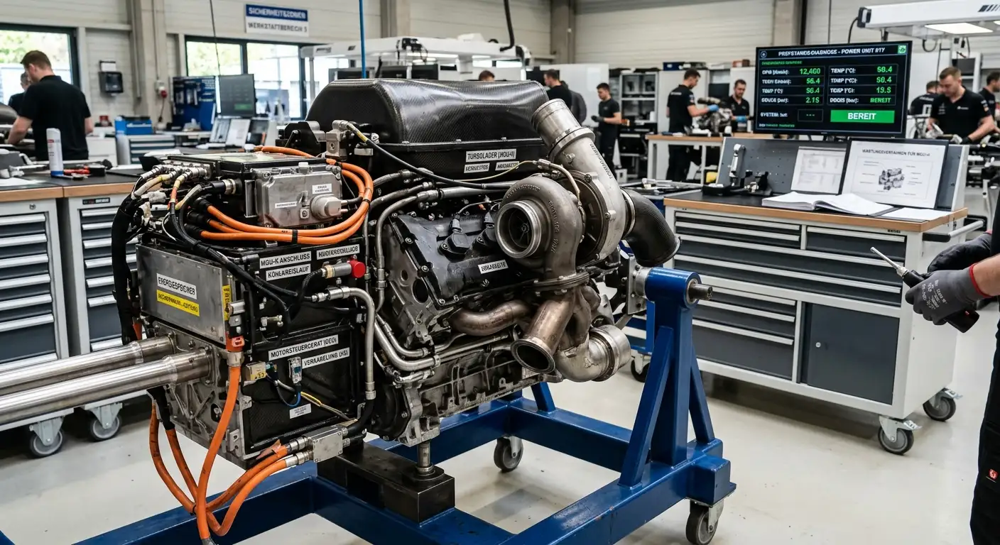 Moderne Formel-1-Power-Unit der Saison 2026 mit Hybridsystem auf dem Montagestand