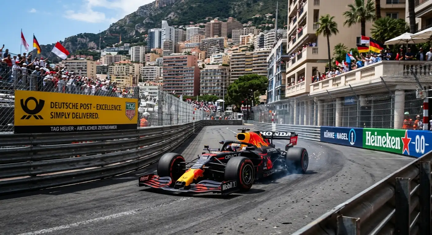 Formel-1-Auto auf einem engen Stadtkurs mit Leitplanken direkt an der Ideallinie