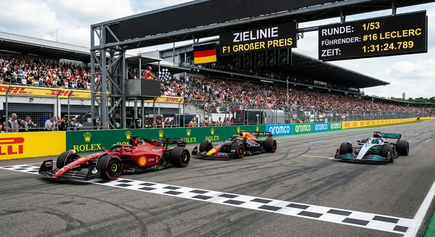 Formel-1-Autos überqueren die Ziellinie in klaren ganzzahligen Positionen