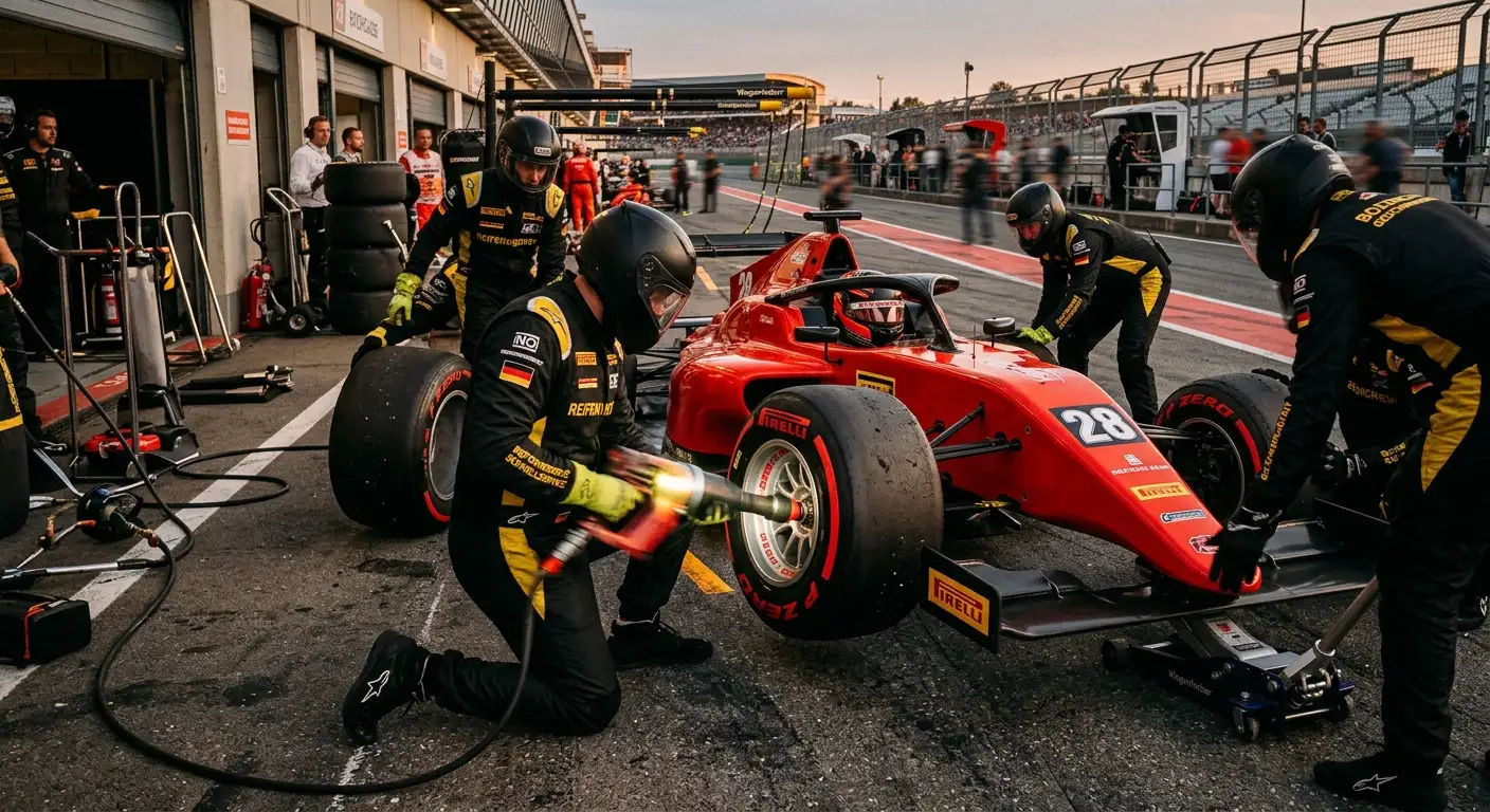 Boxen-Crew montiert in den letzten Renn-Runden einen frischen Satz Soft-Reifen auf einen F1-Boliden