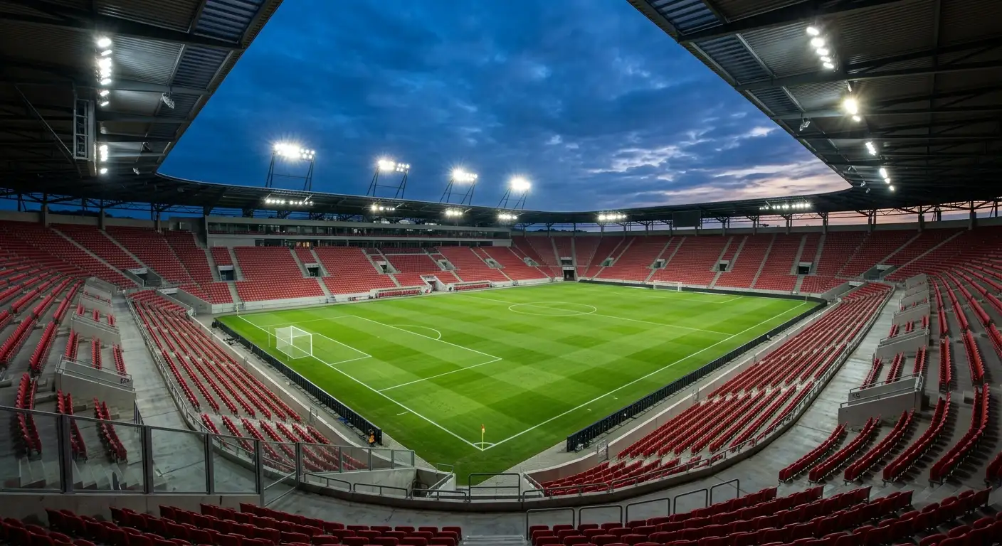 Leeres Fußballstadion bei Flutlicht aus der Vogelperspektive symbolisiert den großen Hauptmarkt