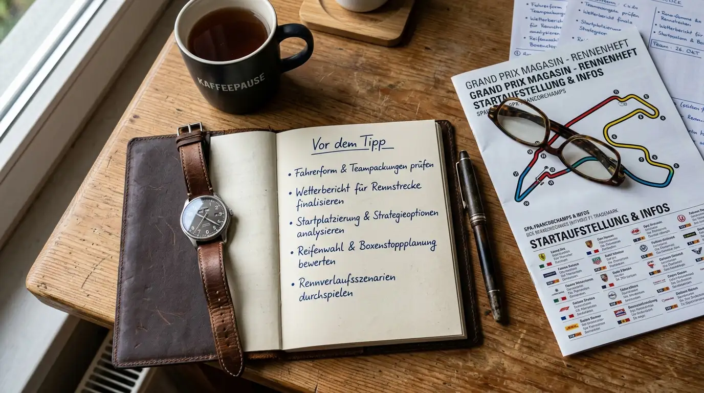 Handgeschriebene Checkliste und Notizen vor der Abgabe eines Handicap-Tipps
