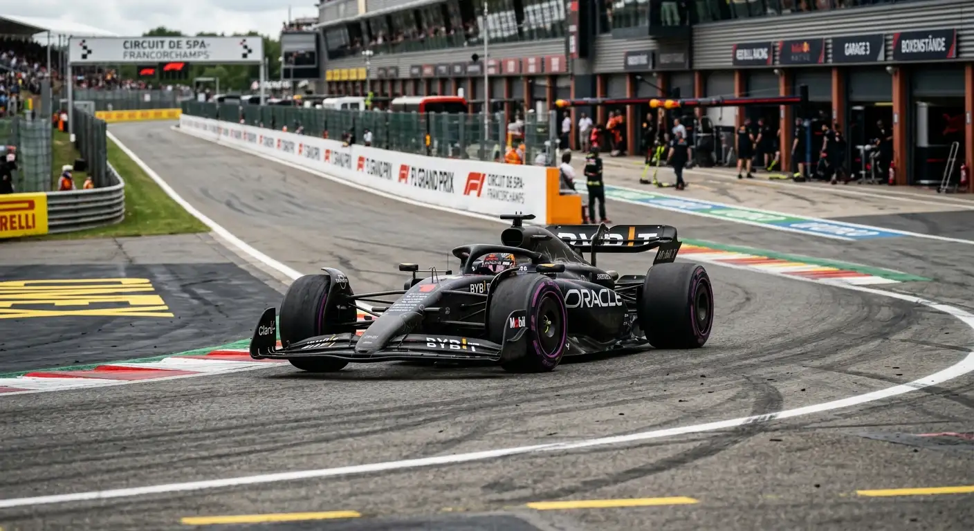 Formel-1-Rennwagen in einer schnellen Kurve, im Hintergrund die Boxengasse, als Symbol für die Grundlagen der Handicap-Wette