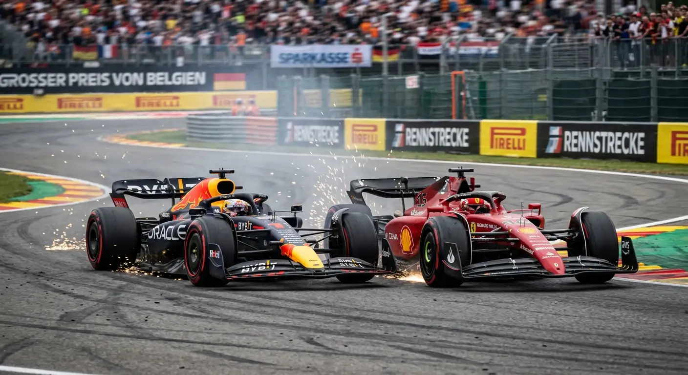 Zwei Formel-1-Fahrzeuge Rad an Rad im direkten Zweikampf in einer Kurve