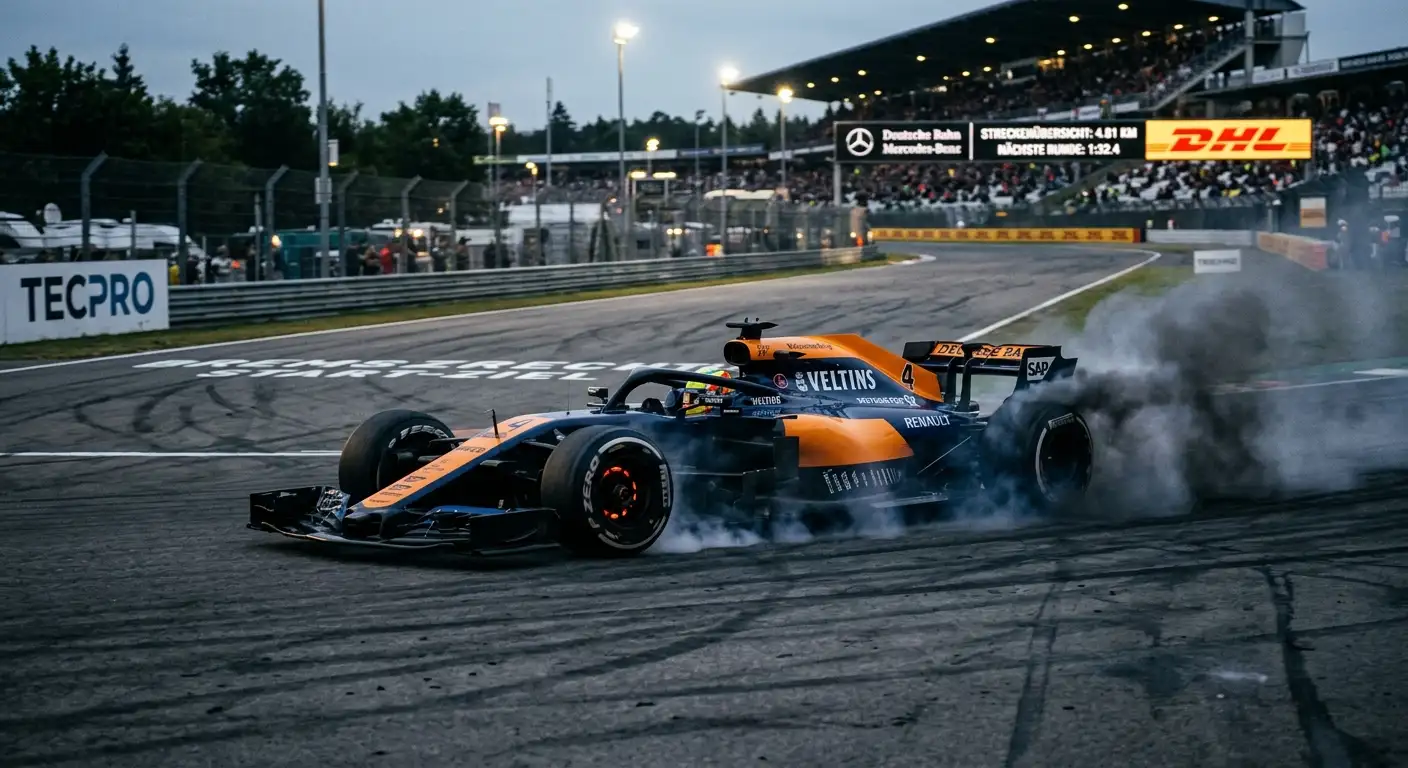 Formel-1-Auto in einer harten Bremszone auf einer mechanisch belastenden Strecke