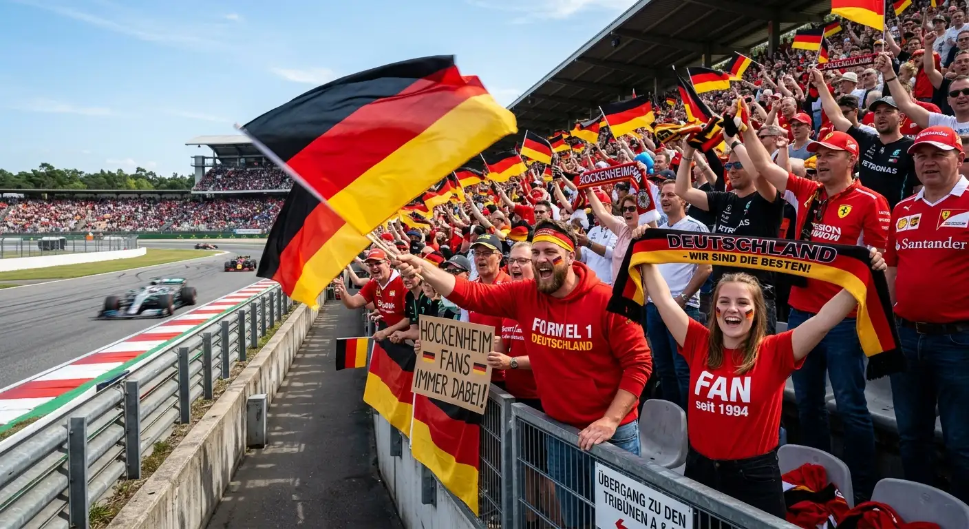 Begeisterte Heim-Fans mit Landesflaggen auf der Tribüne eines Formel-1-Rennens