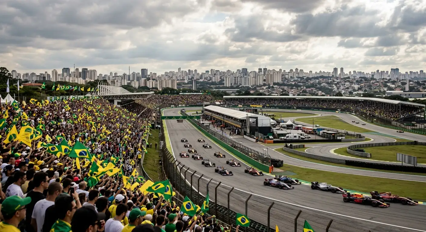 Interlagos-Strecke mit voll besetzten Tribünen und brasilianischer Sao-Paulo-Skyline im Hintergrund
