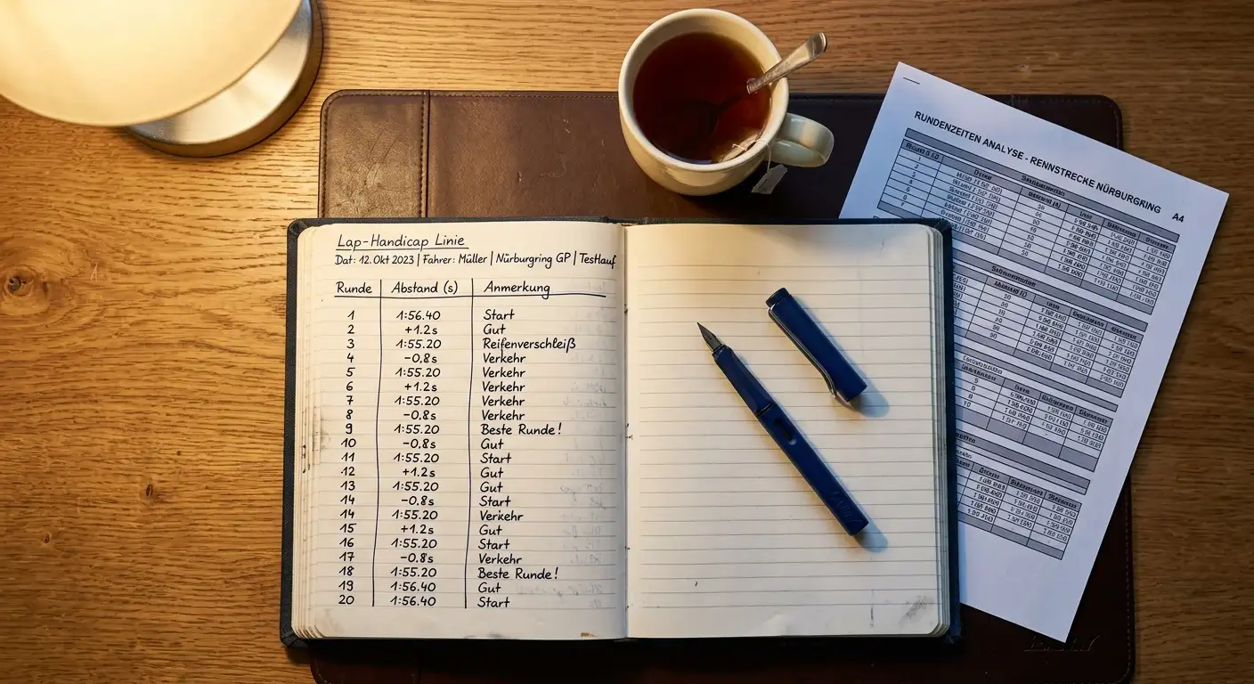 Logbuch eines Wett-Analysten mit Lap-Linien-Notizen nach einem Rennen
