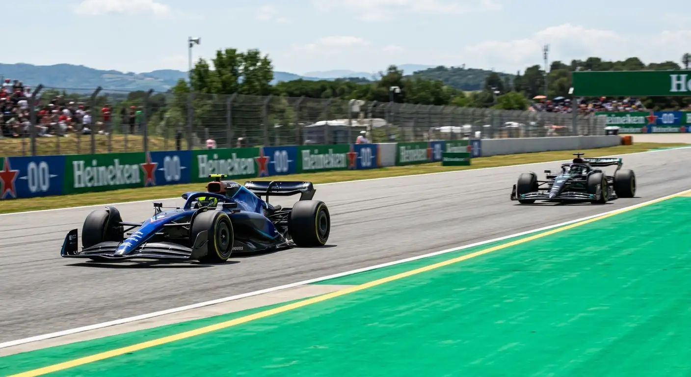 Zwei Formel-1-Wagen mit deutlichem Zeitabstand auf einer langen Gerade einer Rennstrecke