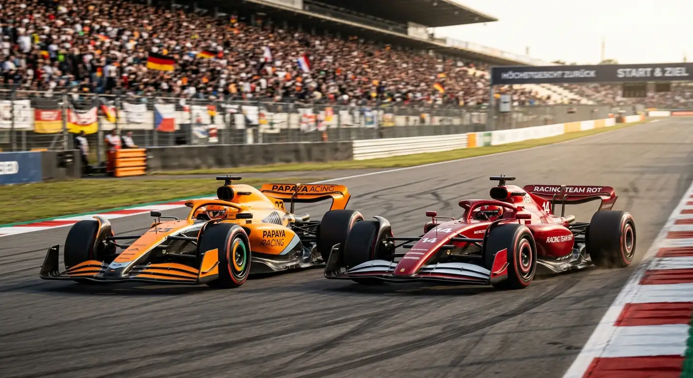 McLaren und Ferrari Formel-1-Wagen direkt nebeneinander auf der Strecke