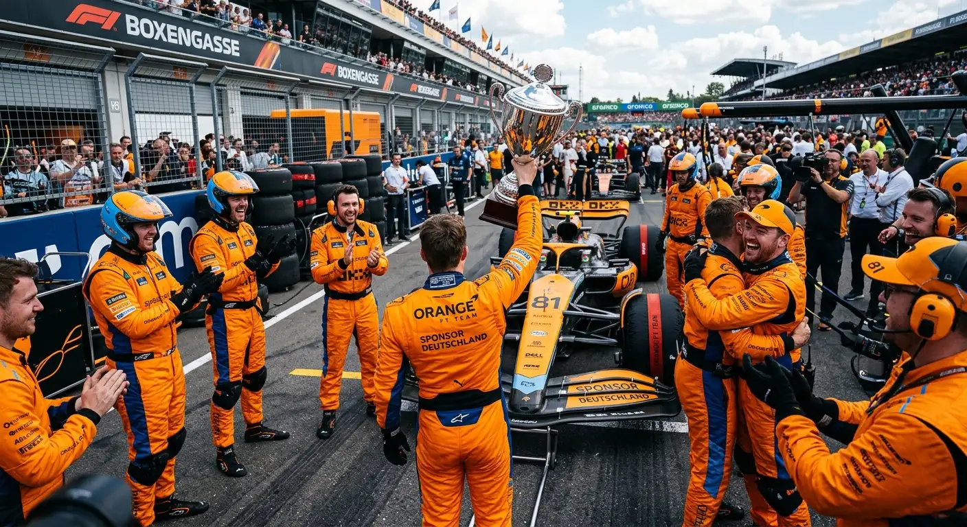 Papaya-farbenes Team feiert den Gewinn der Konstrukteurs-Wertung