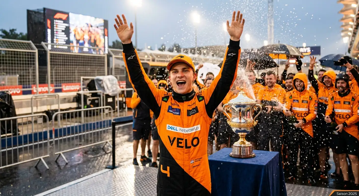 Lando Norris feiert seinen ersten Weltmeistertitel mit dem McLaren-Team 2025