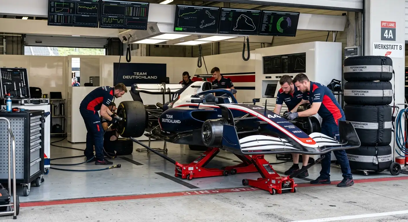 Mechaniker im McLaren-Boxenstand bei der Vorbereitung des Fahrzeugs
