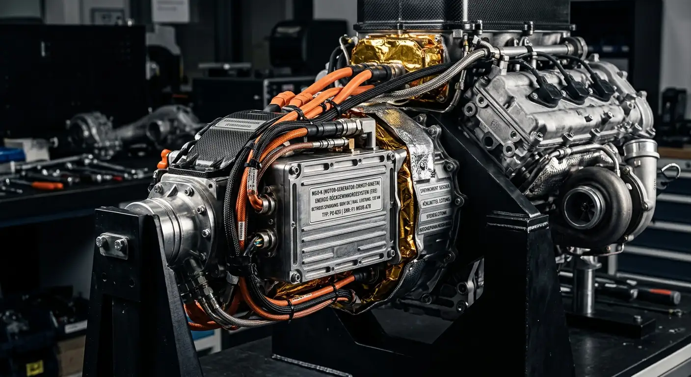 Nahaufnahme einer Formel-1-Hybrid-Power-Unit mit der MGU-K-Komponente