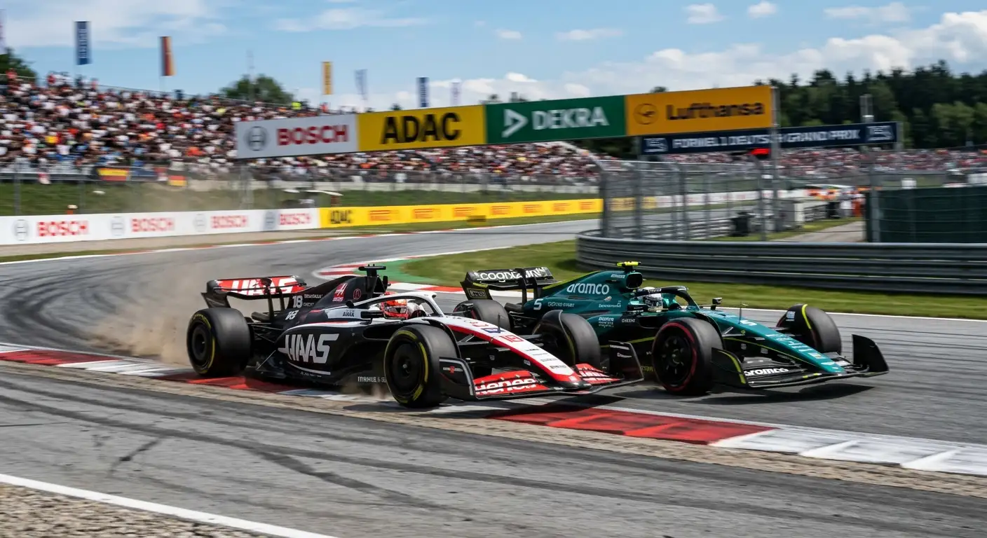 Zwei Mittelfeld-Formel-1-Autos im direkten Positionskampf auf der Strecke